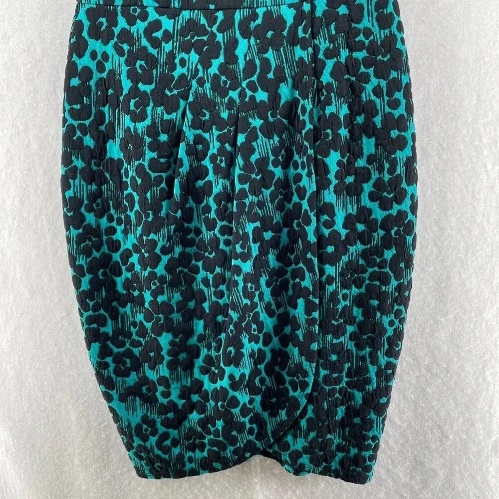 Melonie Dress Women's Sz 4 Green Floral Faux Wrap 3/4 Sleeves Round Neck Stretch - Picture 7 of 10